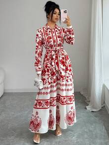 Elenzga 女士新款时尚优雅度假波西米亚风印花立领腰带A字长袖连衣裙，适合通勤、圣诞节、新年、街头风、法式浪漫、休闲、中东复古、下午茶、派对、感恩节、返校季、秋冬季等场合。 - 紅白色 - 查看 3