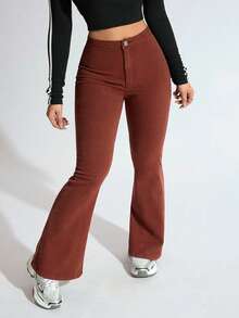 SHEIN EZwear Jeans de pierna acampanada de unicolor y estilo casual - Marrón - Ver 5