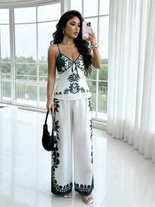 Rafferiza Women's Summer Beach Vacation Floral Print Fitted Camisole And Wide Leg Pants 2 Pieces Set - Green - View 1