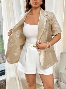 Vionelle 大码女式法式休闲优雅刺绣印花西装外套，女士度假短袖西装外套，夏季款 - 杏色 - 查看 5