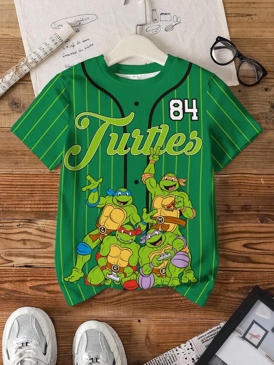 TEENAGE MUTANT NINJA TURTLES | SHEIN 青少年男孩字母卡通图案圆领短袖T恤 - 白色 - 查看 1