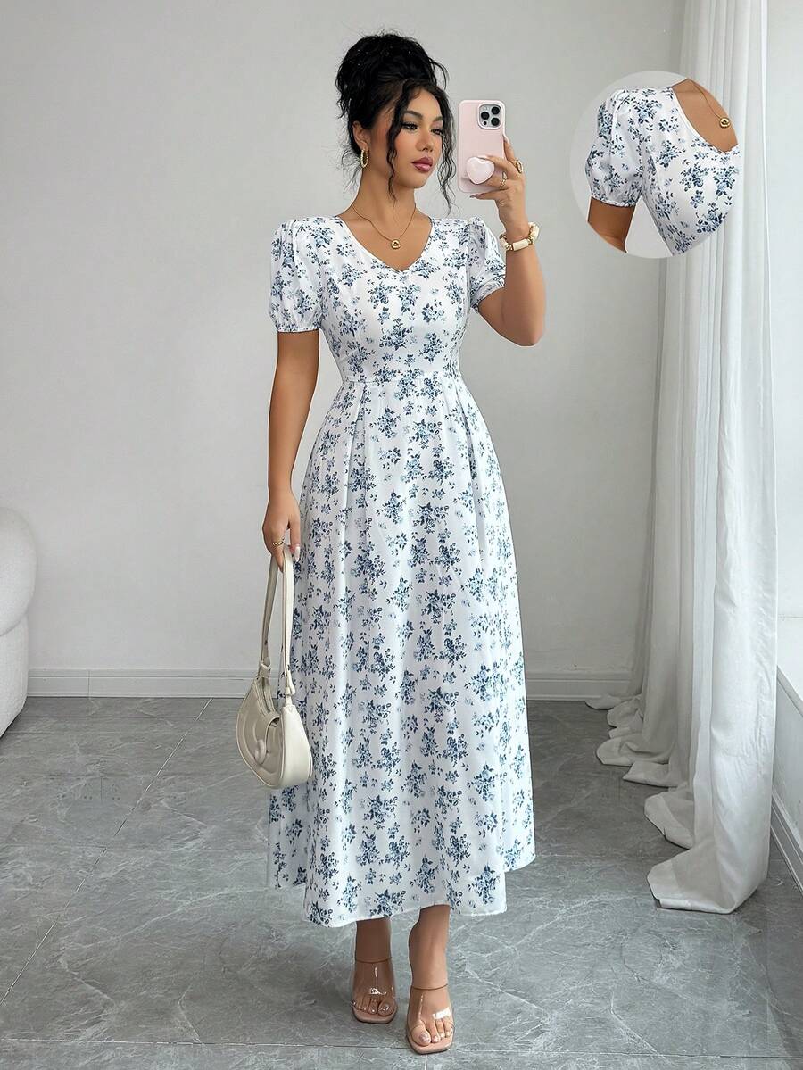 Elenzga 优雅V领泡泡袖收腰蓝色碎花连衣裙，适合春夏穿着 - 藍白色 - 查看 1