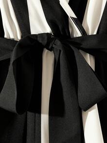 SHEIN Franclia 女士优雅通勤黑白条纹蝴蝶结腰带连体裤，春夏款 - 黑與白 - 查看 4