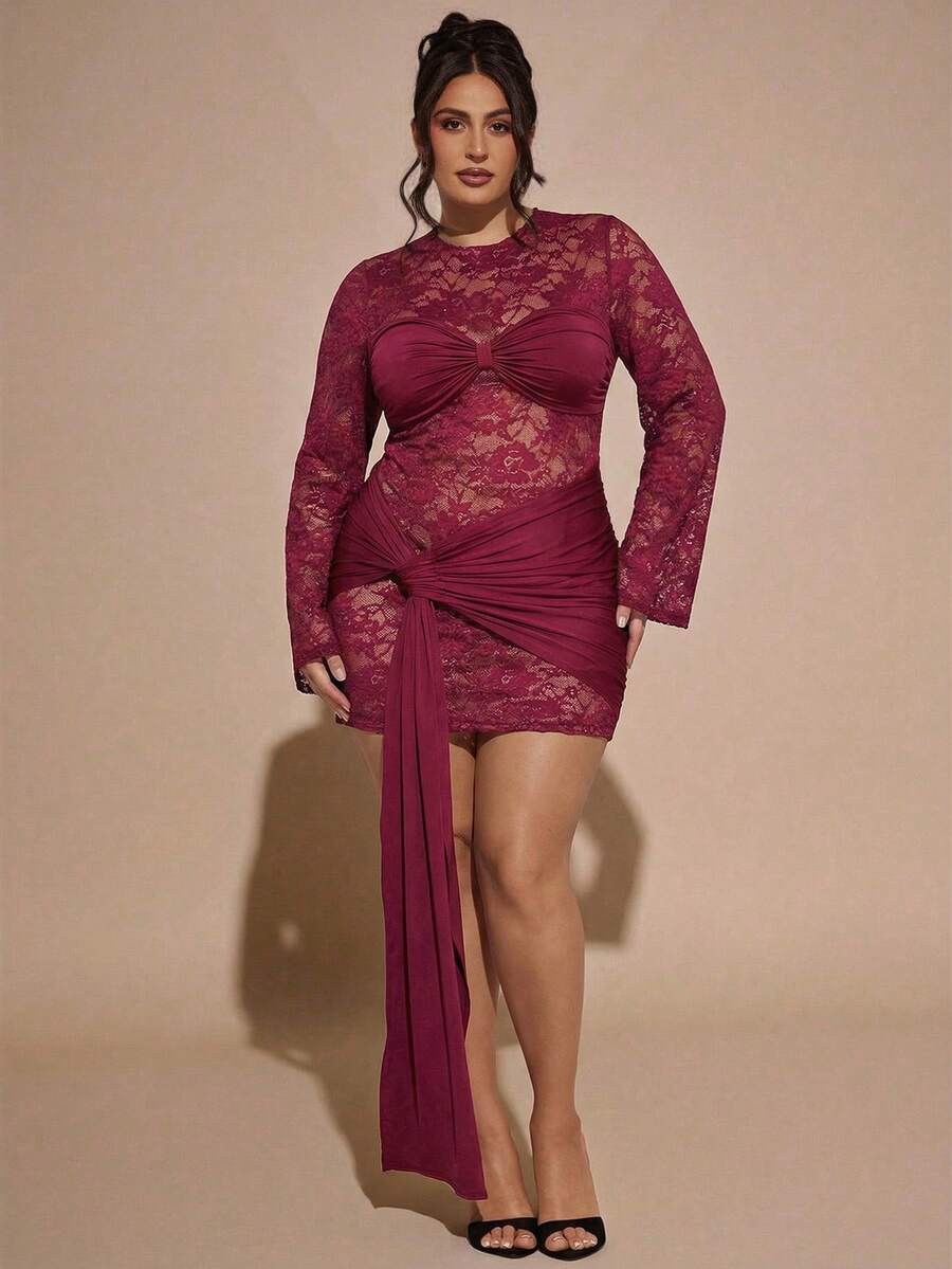 SHEIN BAE Rochie de damă Plus Size, culoare solidă, dantelă, model patchwork, mulată - Burgundia - Vizualizare 1