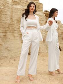 Modelyn Women's Casual Chic Elegant White Double-Breasted Decorated Blazer - White - View 8