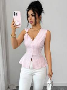 GlowEve Nueva llegada Blusa de diseño único con jacquard floral de primavera/verano, con cuello en V dulce, cintura ceñida, volantes en el bajo, botones de perla metálicos, elegante y versátil para mujeres jóvenes - Rosa - Ver 4