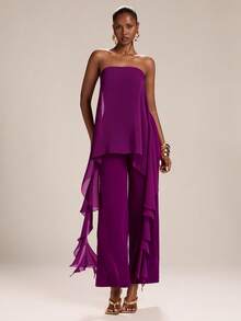 SHEIN BAE Women's Purple Asymmetrical Ruffle Hem Wide Leg Elegant Jumpsuit, Spring/Summer - Purple - View 1