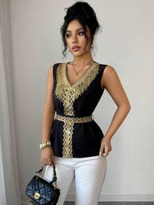 Elenzga Women's Elegant V-Neck Blouse With Luxurious Gold Tassel Trim, Loose Fit With Waist Belt, Suitable For Spring/Summer - Black - View 7