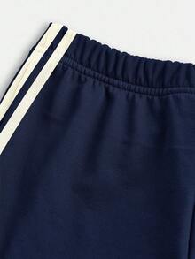 Retro Striped Outfit, Mini Bow Design, Tween Girl Casual Minimalist Black & Cream White Striped Loose Crew Neck Short Sleeve T-Shirt And Flare Pants 2 Piece Set, Suitable For Summer - White - View 4