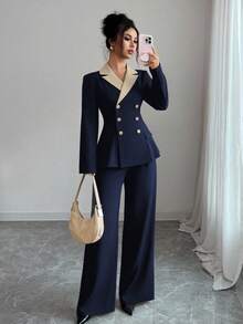 Elenzga Bộ vest dáng chữ A dài tay màu tương phản thanh lịch dành cho nữ, thích hợp mặc hàng ngày, đi làm và nhiều dịp khác nhau, mùa xuân/thu - Màu xanh hải quân - Xem 4