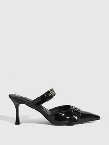 CUCCOO SZL Punk Style Metal Buckle Pointed Toe Patent Leather Sandals, Suitable For Street Style, Party And Other Occasions - Black - View 4