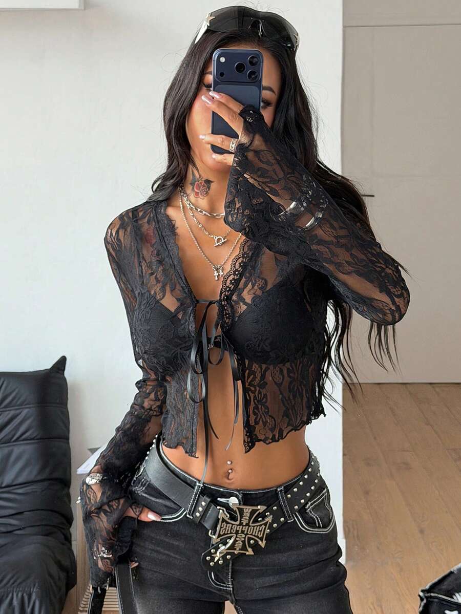Coolane Women's Spring Streetwear Rave Outfit Music Festival Y2K Goth Chic Lace Stretchy Comfortable Tie Front Cut Out Black Long Sleeve Crop Tops - Black - View 1