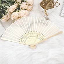 10/5/2/1 件装丝绸扇子装饰素色布扇婚礼礼物折叠竹扇 DIY 桌面悬挂装饰 - 米色 - 查看 2