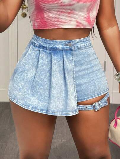 Slaydiva Quần short denim nữ dáng suông, xếp ly, kiểu dáng thường ngày.