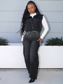 Steph T Women's Fashion Street Style Slant Pocket Loose Black Rhinestone Embellished Jeans - Black - View 5