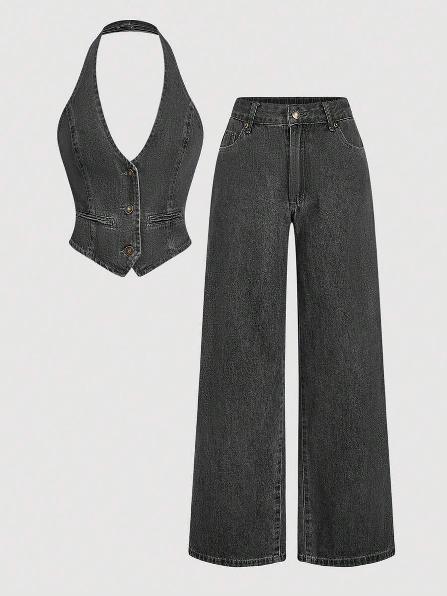 Sweetra 优雅的女士牛仔套装 - 灰色 - 查看 1