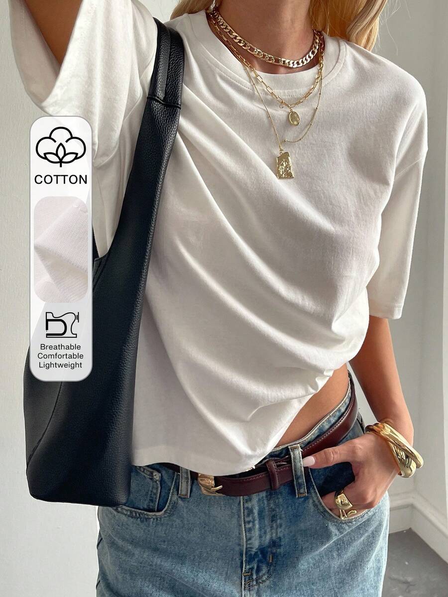 Livesso Blusa holgada y casual de cuello redondo, de manga corta básica, para otoño/invierno - Blanco - Ver 1