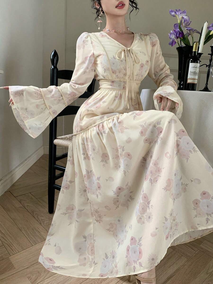 DAZY Đầm hoa nhí mùa xuân/hè, thanh lịch, phù hợp cho đám cưới, tiệc tùng, các dịp trang trọng, thiết kế thắt nơ ở eo. - Màu vàng - Xem 1