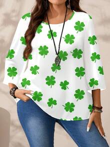 EMERY ROSE Plus Size Women Casual All-Over Print Round Neck Loose 3/4 Sleeve Shirt/St. Patrick's Day - Multicolor - View 6