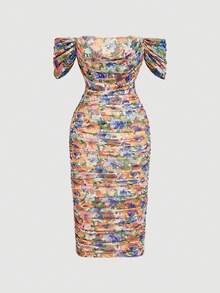 SHEIN MOD Women's Colorful Floral Off-Shoulder Fitted Long Dress, Suitable For Spring/Summer, Date, Garden, Party, Wedding Guest, Afternoon Tea ,Summer Dress - Multicolor - View 3