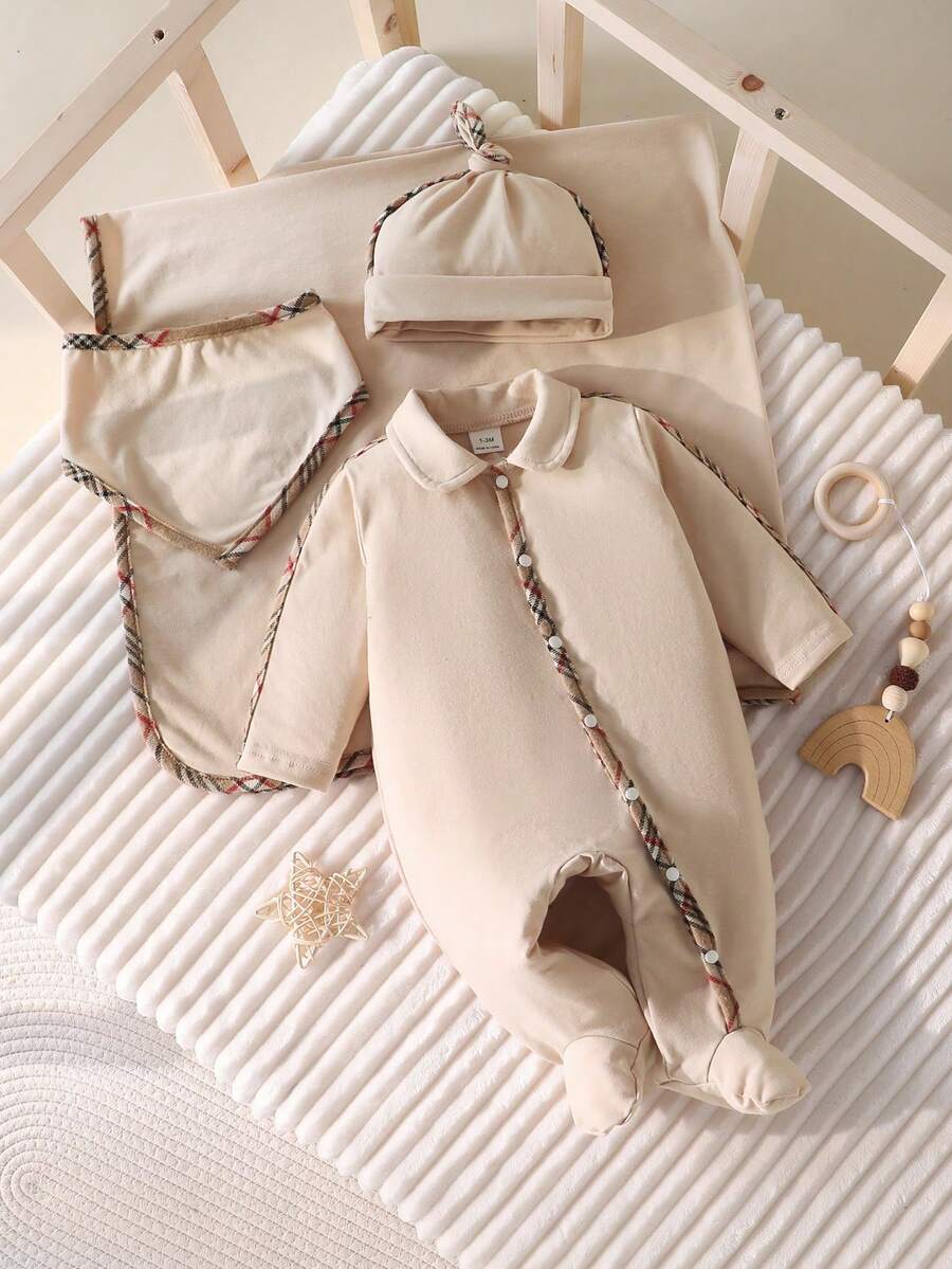 4pcs Baby Romper Set, White With Plaid Drawstring Design, Includes Matching Swaddle Blanket, Hat And Bib - Khaki - View 1