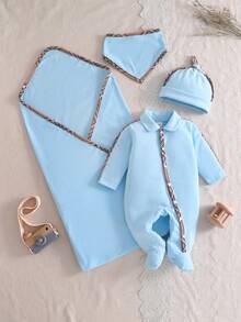 4pcs Baby Romper Set, White With Plaid Drawstring Design, Includes Matching Swaddle Blanket, Hat And Bib - Baby Blue - View 1