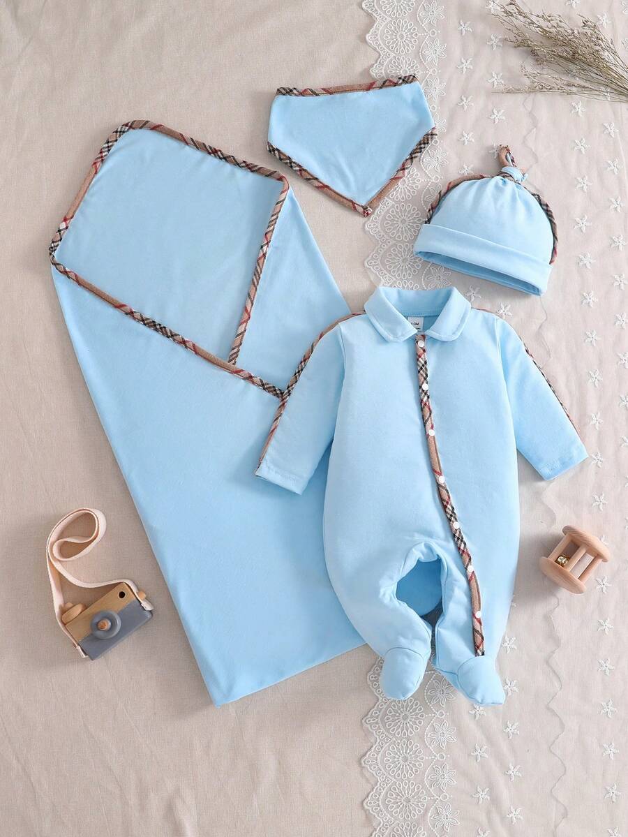 4pcs Baby Romper Set, White With Plaid Drawstring Design, Includes Matching Swaddle Blanket, Hat And Bib - Baby Blue - View 1