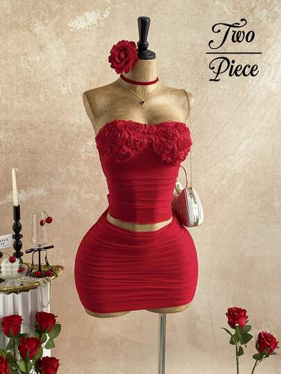 Soleia 2pcs/Set Women's Romantic Vacation Outfit - Red Mesh Rose Textured Blouse & Ruched Mini Skirt, Suitable For Casual, Date, Valentine's Day, Afternoon Tea, Beach, Cruise, City Trip, Music Festival, Party, Boho Vacation Valentine's Day Outfit Ideas Red Two Piece Red Skirt Set Red Ruched Outfit Red Corset Top Set,Mardy Gras Red Sexy Outfit Red Outfits For Women Sexy