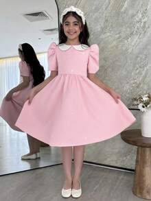 Robe élégante à col et manches bouffantes courtes avec décoration de perles, pour jeune fille en déplacement - Rose bonbon - Voir 7