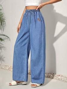 Women's Casual Everyday Cowboy Jeans With Drawstring Waist And Embroidered Accents - Medium Wash - View 4