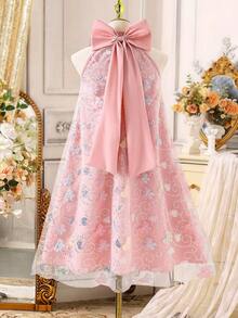 Girls' Elegant Bowknot Colorful Beaded Mesh Sleeveless Party Dress,Pink Summer Flower Girl Dress For Party,Gathering,Outing,Traditional Arabic Style - Multicolor - View 7