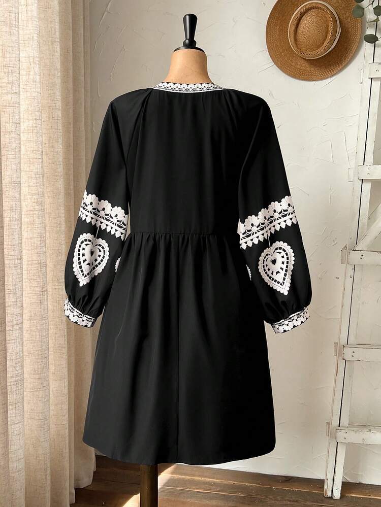 Plus Size Lace Patchwork Tie Neck Casual Long Sleeve Dress For Summer/ Vacation Vacation Outfits Women Holiday Outfits For Women Beach Vacation Outfits For Women Mexican Dress Women Plus  Country Style For Women