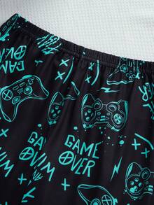 男童睡衣套装 - 两件套，黑色/蓝绿色游戏印花，圆领长袖上衣和长裤，舒适居家休闲睡衣，四季皆宜，2026年假日必备礼物，休闲俏皮现代街头风