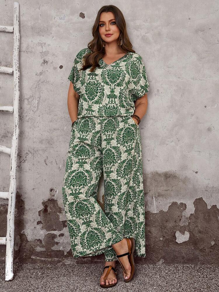 Plus Size Women's Casual Floral Print Loose Top And Wide Leg Pants 2 Piece Set, Suitable For Spring, Summer, Vacation, Casual Sets For Women, Summer Outfits Summer Pants Sets For Women 2 Piece Casual Sets Woman Two Piece Set Women Vacation Comfortable Two Piece Set