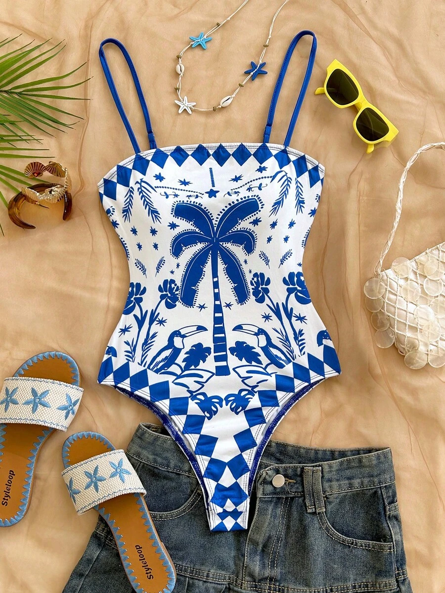 Soleia 一件女士蓝白热带棕榈树印花连体裤，优雅休闲沙滩度假装 - 藍白色 - 查看 1