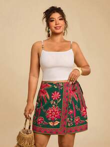 Travachic Plus Size Women's Black Floral Print Wrap Tie Bow Wrap Asymmetrical Skirt Beach Resort Wear Ibiza Boho - Multicolor - View 6