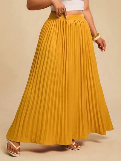 Travachic Büyük Beden Kadınlar İçin Düz Renk Günlük Pileli Bol A Kesim Etek