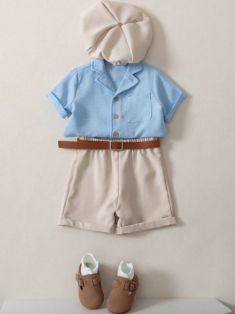 男童三件套服装，包括短袖Polo衫、常规短裤和帽子，适合生日、婚礼、毕业典礼、正式或休闲场合，秋冬季绅士装扮。 - 彩色 - 查看 1