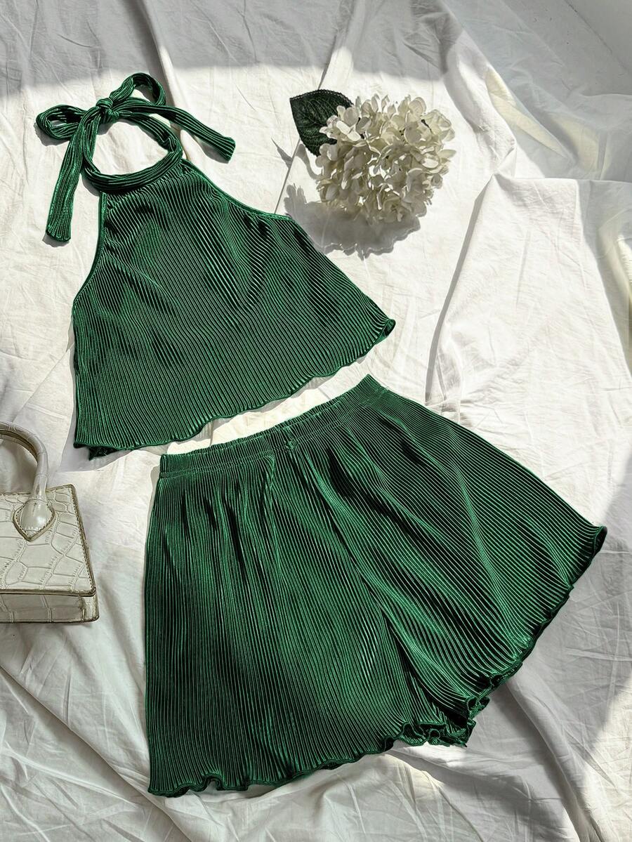 Elamini 2pcs Women Solid Color Textured Sleeveless Top And Shorts Set 2 Piece Short Sets Woman Two Piece Summer Set Women - Dark Green - View 1