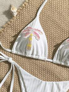 Bộ bikini hai mảnh Swim Mod màu trơn, kiểu cổ yếm, tam giác và quần bơi buộc dây bên hông, gợi cảm, thích hợp cho mùa xuân/hè, phong cách Boho, đi nghỉ mát, họa tiết cây cọ, hai mảnh, đi biển, bikini nhiệt đới, bikini phong cách Boho, bikini vỏ sò, bikini hoa, bikini sao biển. - trắng - Xem 7