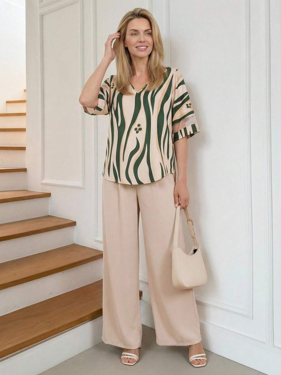 Miaspire 2pcs/Set Women Spring/Summer Casual Zebra Print V-Neck Blouse And Loose Wide-Leg Pants,Business Women Attire,Country Style Women's ClothingFall Women Clothes Going Out Outfits Mothers Day Outfit Gift For Momsummer Outfits,Vacation Outfits Women,Going Out Outfits - Khaki - View 1