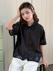 Dazy Kids Tween Girl Contrast Lace Short Sleeve Single-Breasted Casual Shirt - Black - View 8