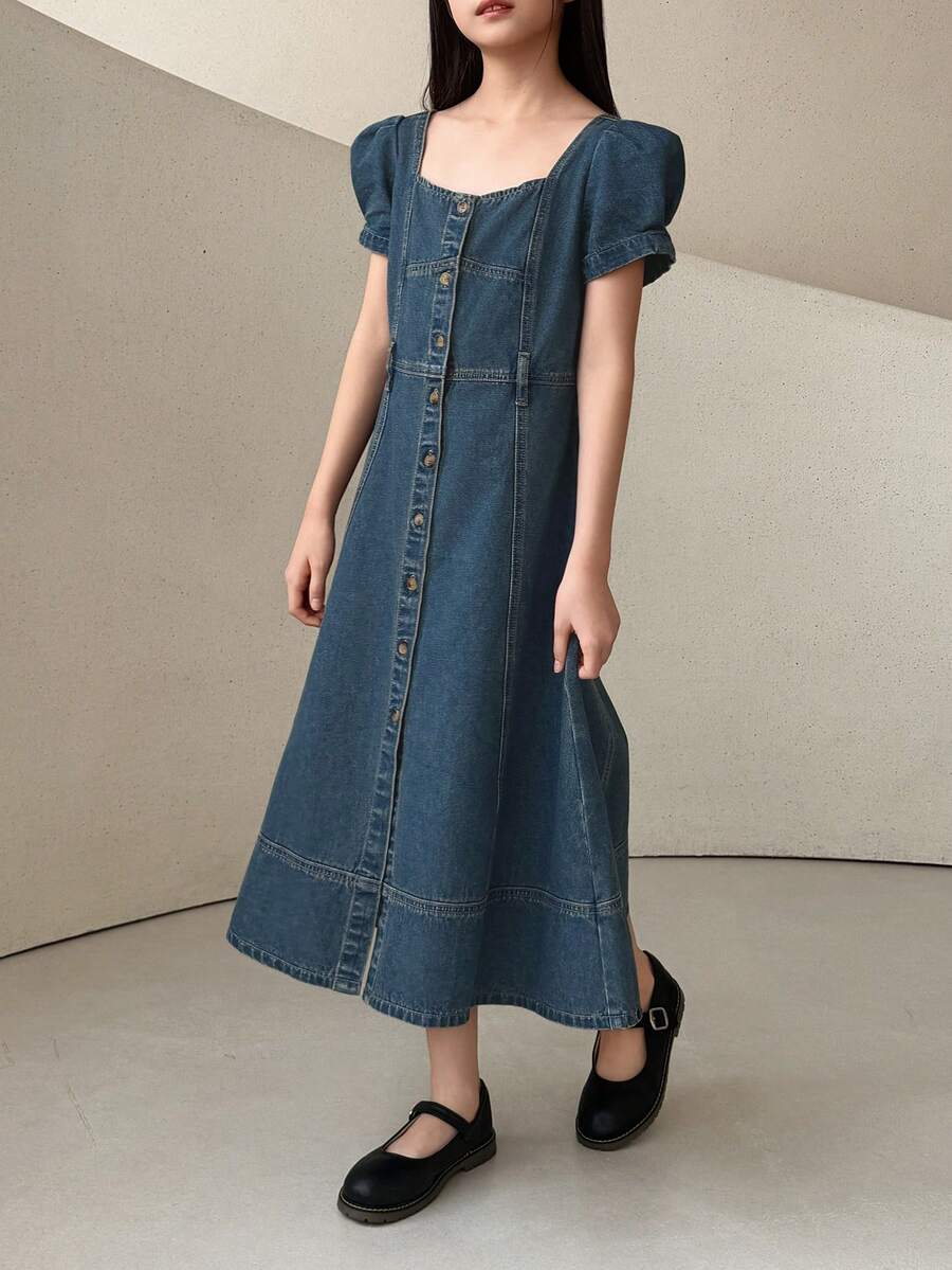 Dazy Kids Gaun Denim Lengan Mengembang Kerah Persegi untuk Anak Perempuan Remaja - Biru - View 1