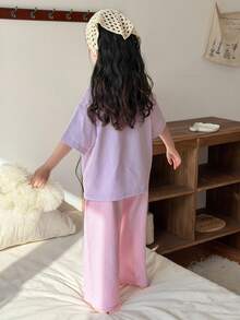 DAZY 2pcs/Set Girls (Small) Crew Neck Knit Printed Long Sleeve T-Shirt And Plaid Long Pants Loungewear Set, Fall - Purple - View 2