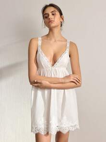 Ocili Women's Solid Color Lace Trim Camisole Nightgown