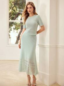 MOTF PREMIUM HOLLOW-OUT KNIT SHORT SLEEVE TOP AND FITTED SKIRT SWEATER SET - Mint Green - View 5