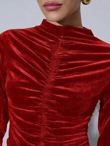 COSMINA Women's Solid Color Pleated Fitted Elegant Long Sleeve Blouse, Velvet Top,  Red Long Sleeve Top,  Dark Red Top,  Tops For Women Elegant - Red - View 6