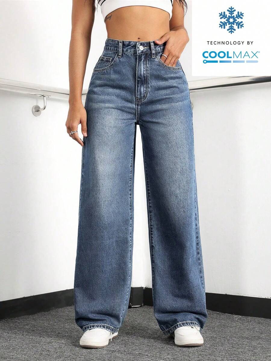 SHEIN Tall Quần jean nữ cạp cao, ống rộng, dáng suông, họa tiết râu mèo, chất liệu denim mài bạc. - Rửa trung bình - Xem 1