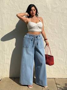 Sunnyshic 大码女式休闲宽松复古牛仔阔腿裤 - 淺色水洗藍 - 查看 5