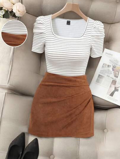 Franclia 女士优雅黑白条纹方领修身泡泡袖T恤和褶裥腰身紧身迷你裙两件套